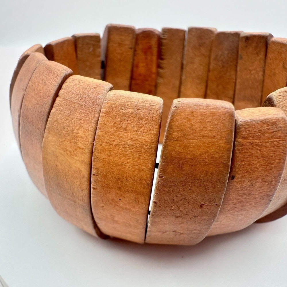 Vintage 80s Wooden Panel Link Bracelet Segmented Chunky Ethnic Cuf Retro Jewelry View 3